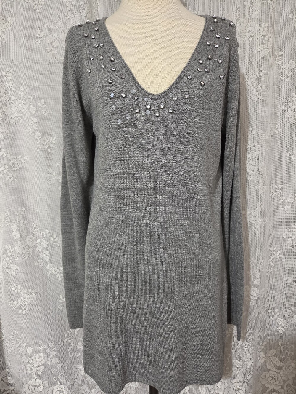I Heart Ronson - Hi Low Heathered Rhinestone V-neck Pullover Sweater